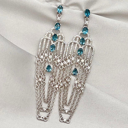 Art Deco Style Topaz and Silver Chain Dangle Earrings