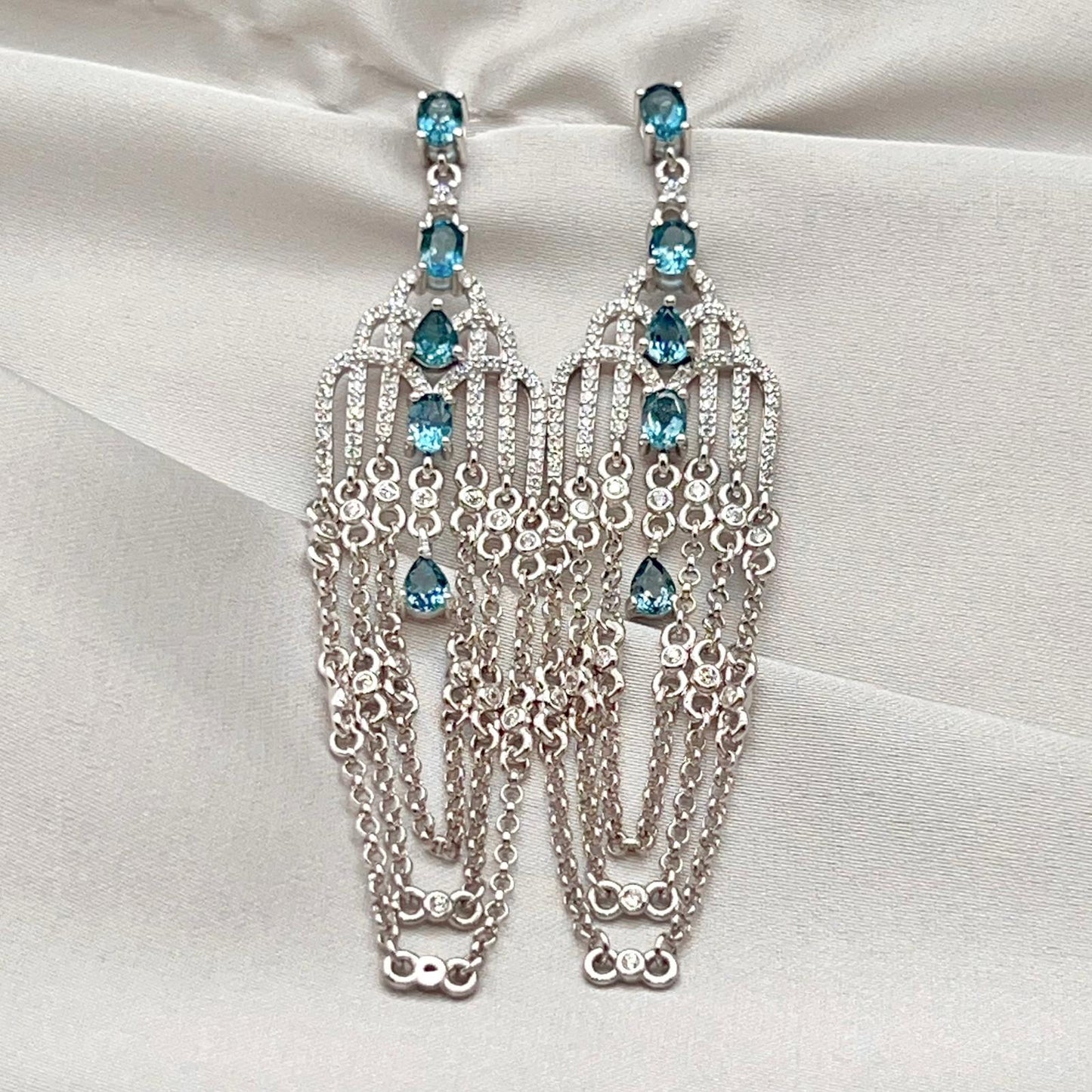Art Deco Style Topaz and Silver Chain Dangle Earrings