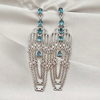 Art Deco Style Topaz and Silver Chain Dangle Earrings