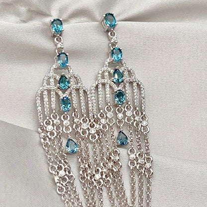 Art Deco Style Topaz and Silver Chain Dangle Earrings