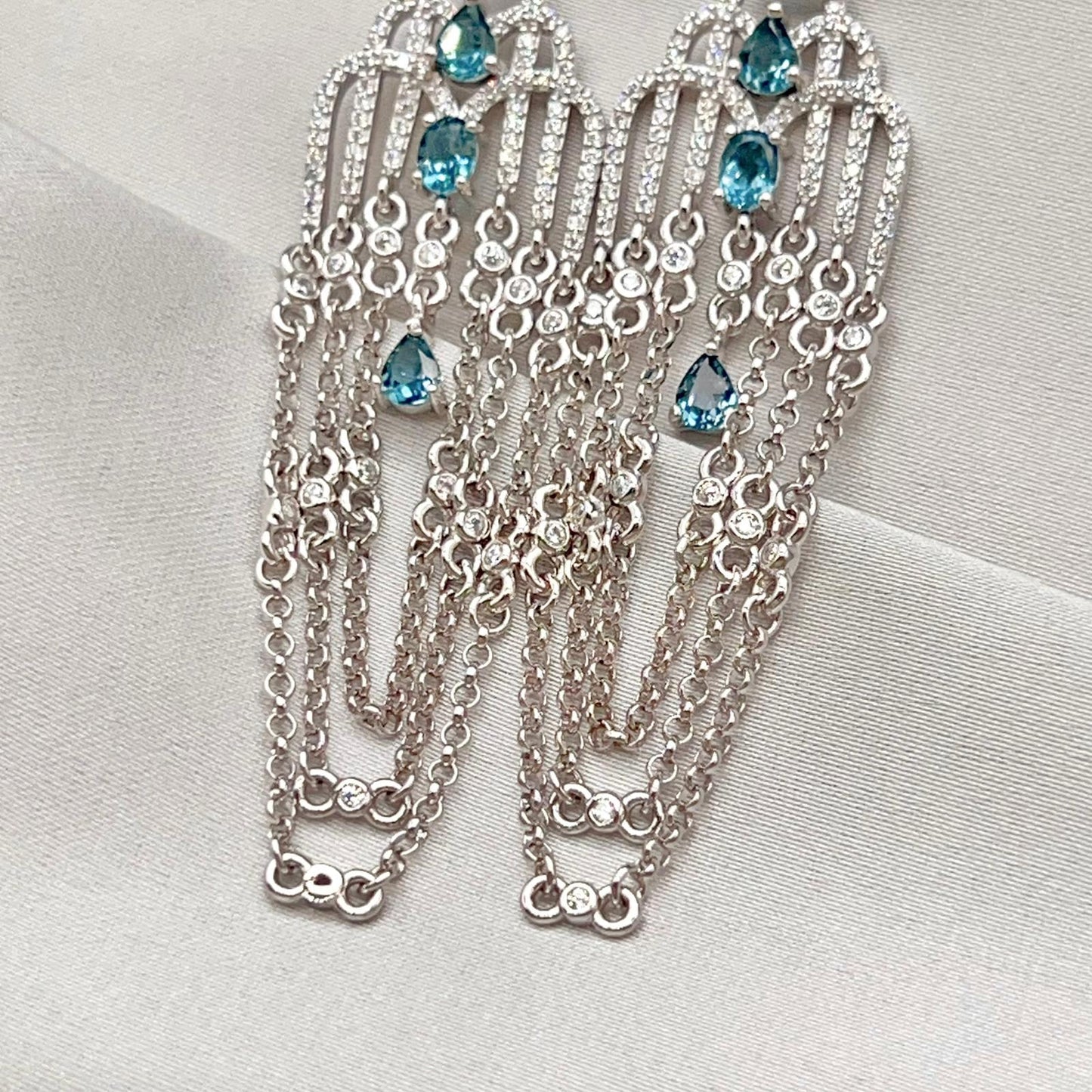 Art Deco Style Topaz and Silver Chain Dangle Earrings