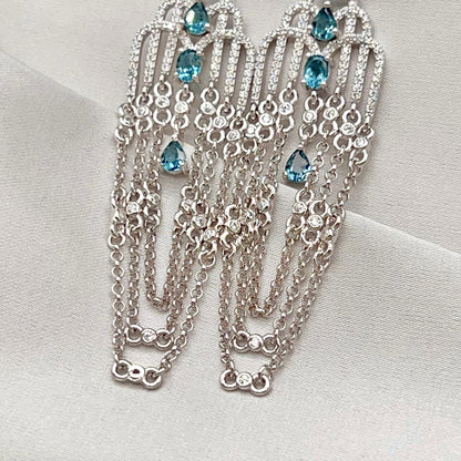 Art Deco Style Topaz and Silver Chain Dangle Earrings