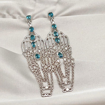 Art Deco Style Topaz and Silver Chain Dangle Earrings