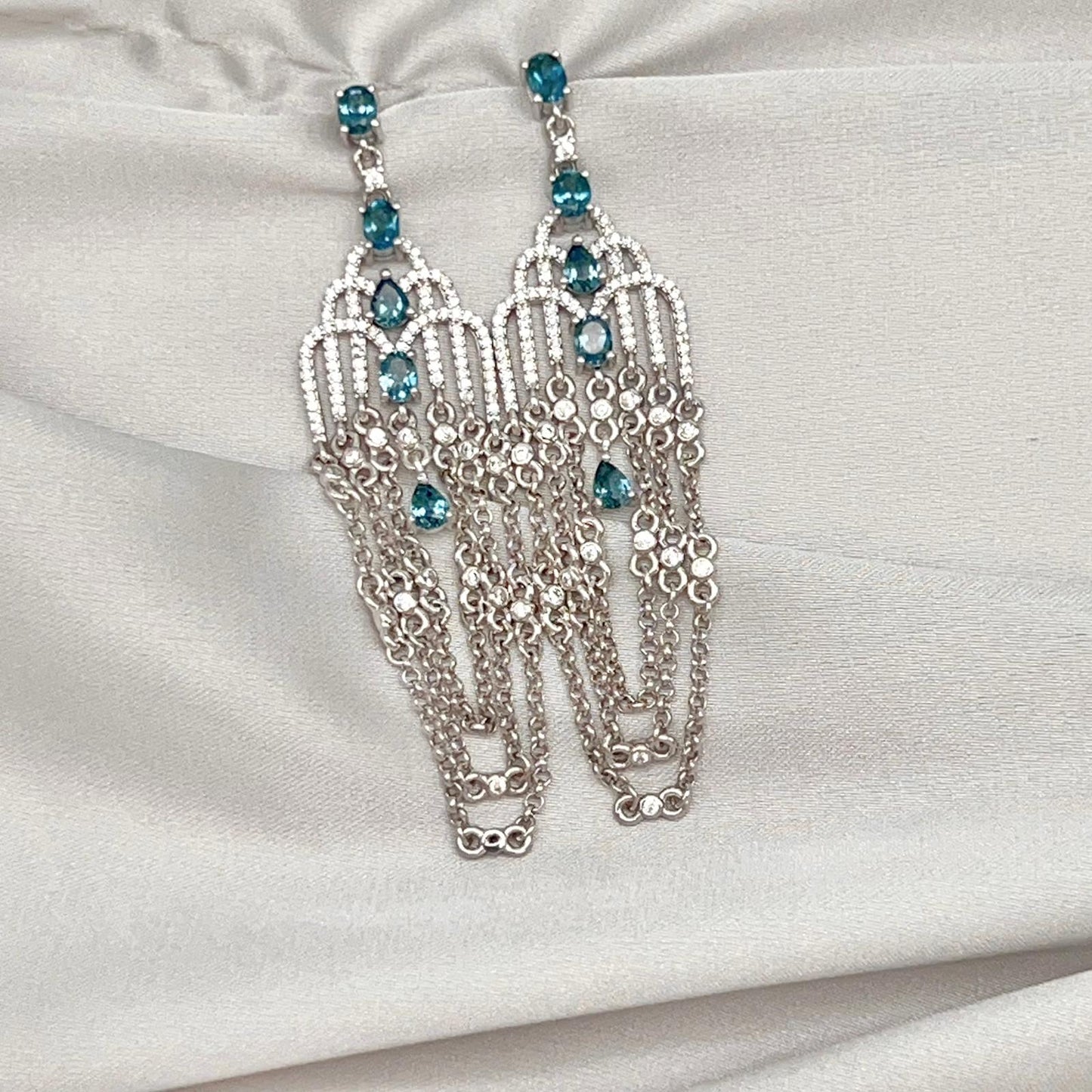 Art Deco Style Topaz and Silver Chain Dangle Earrings