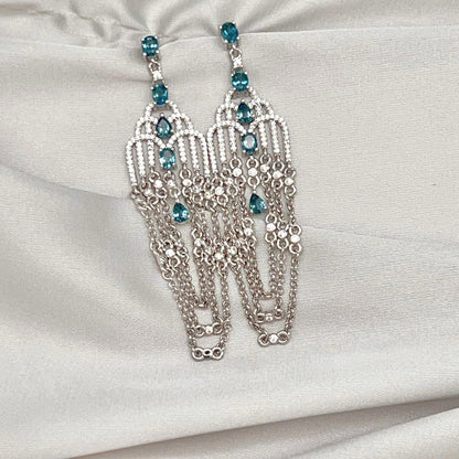 Art Deco Style Topaz and Silver Chain Dangle Earrings