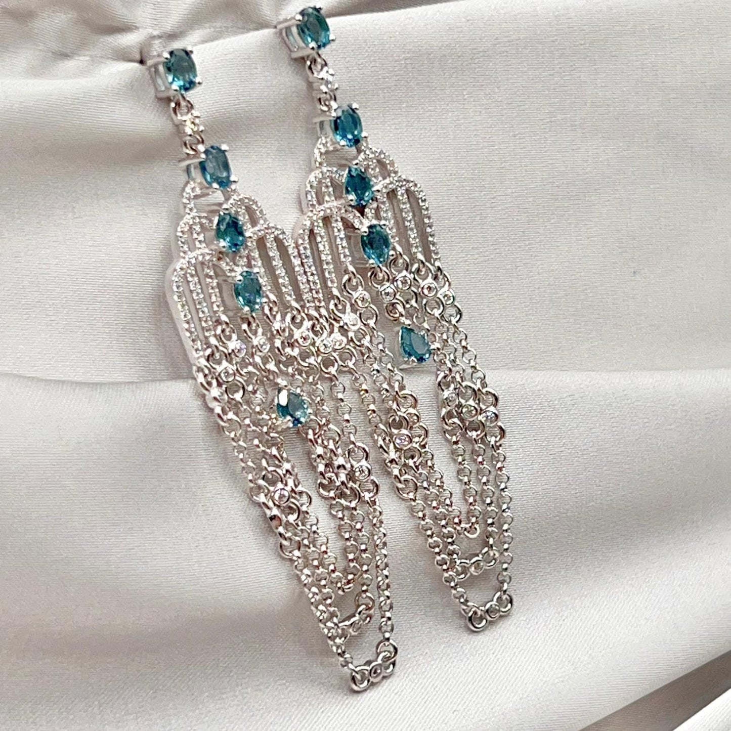 Art Deco Style Topaz and Silver Chain Dangle Earrings