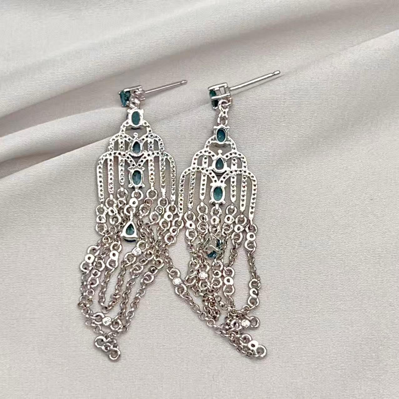 Art Deco Style Topaz and Silver Chain Dangle Earrings