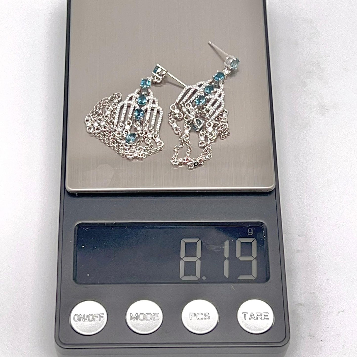 Art Deco Style Topaz and Silver Chain Dangle Earrings