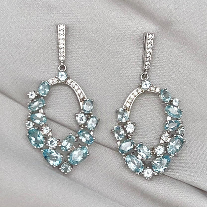 Blue Topaz Oval Cluster Drop Earrings Silver 925