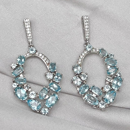 Blue Topaz Oval Cluster Drop Earrings Silver 925