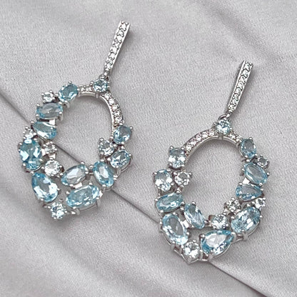 Blue Topaz Oval Cluster Drop Earrings Silver 925