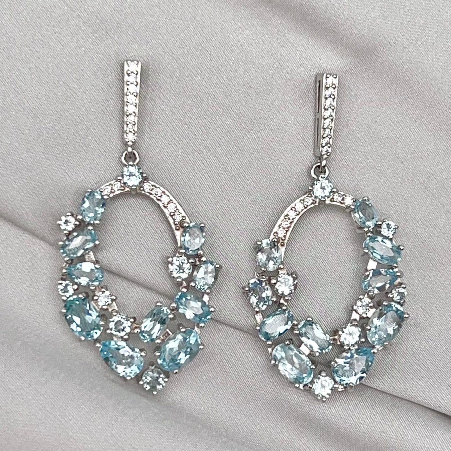 Blue Topaz Oval Cluster Drop Earrings Silver 925