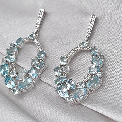 Blue Topaz Oval Cluster Drop Earrings Silver 925