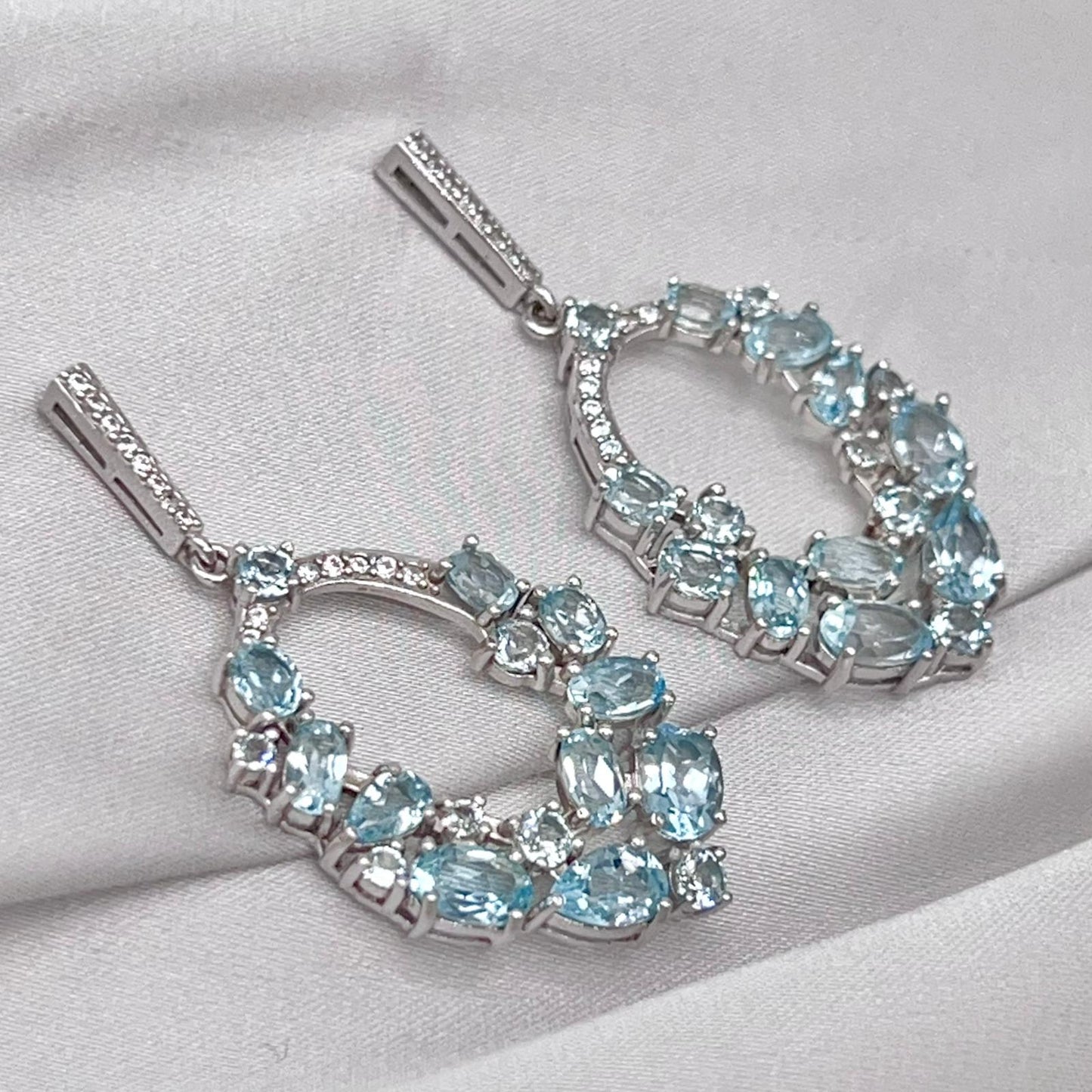 Blue Topaz Oval Cluster Drop Earrings Silver 925