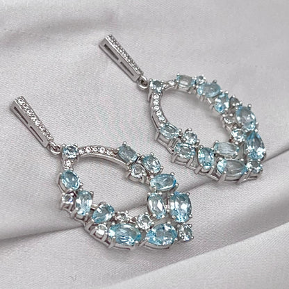 Blue Topaz Oval Cluster Drop Earrings Silver 925