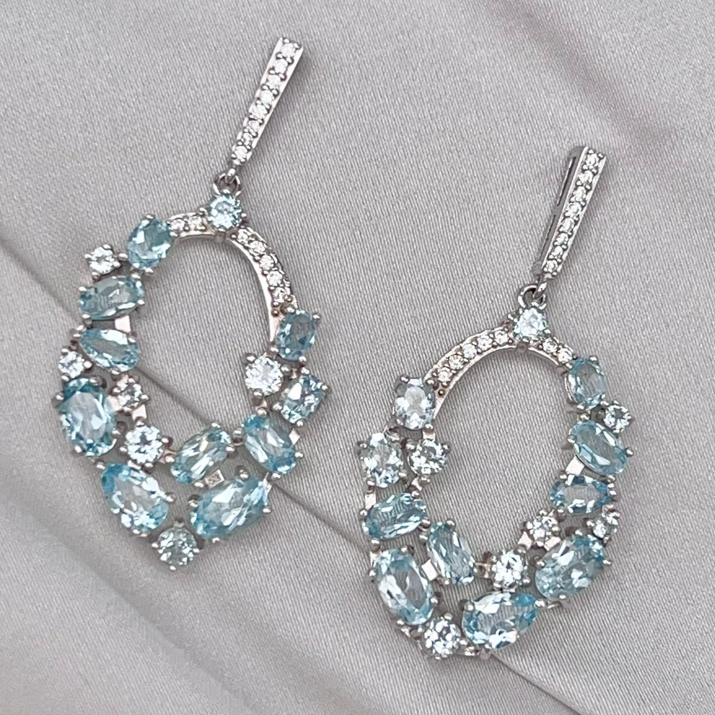 Blue Topaz Oval Cluster Drop Earrings Silver 925