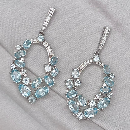 Blue Topaz Oval Cluster Drop Earrings Silver 925