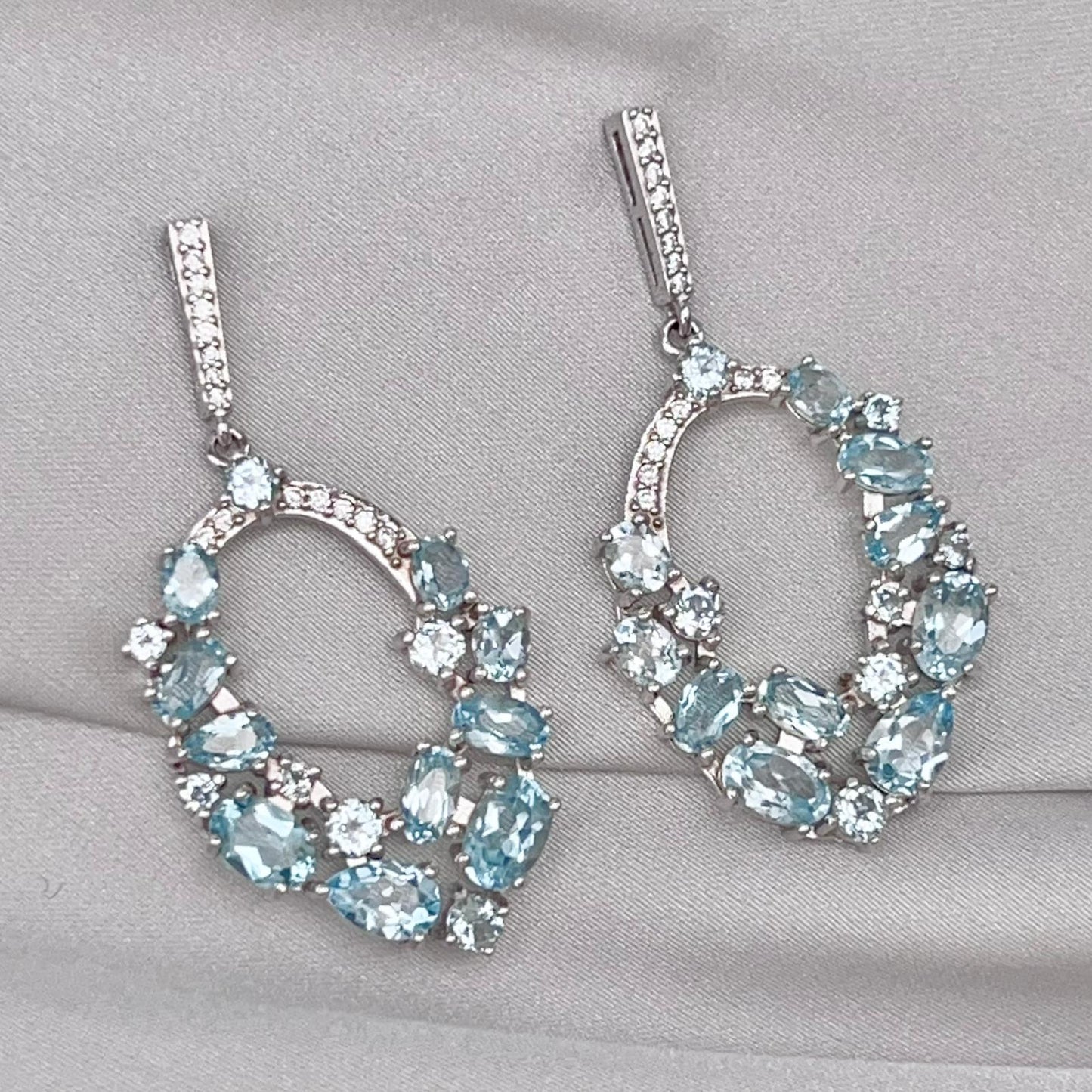 Blue Topaz Oval Cluster Drop Earrings Silver 925