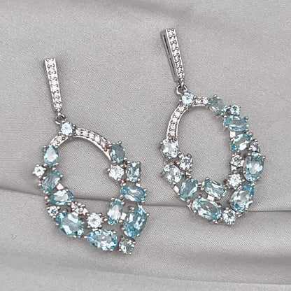 Blue Topaz Oval Cluster Drop Earrings Silver 925
