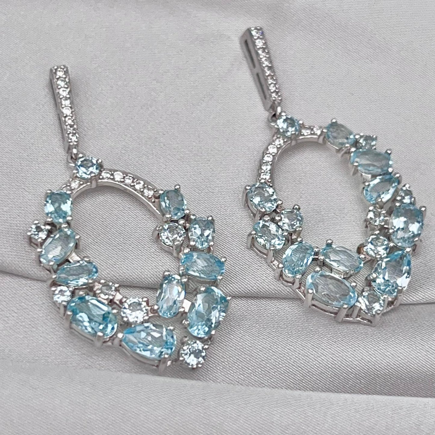 Blue Topaz Oval Cluster Drop Earrings Silver 925