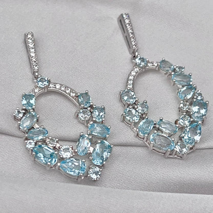 Blue Topaz Oval Cluster Drop Earrings Silver 925