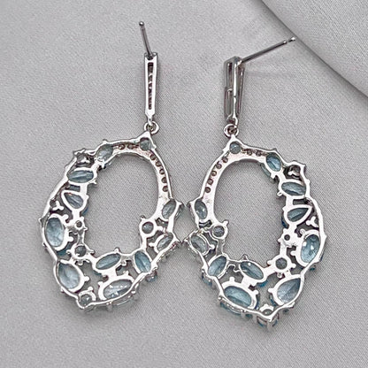 Blue Topaz Oval Cluster Drop Earrings Silver 925