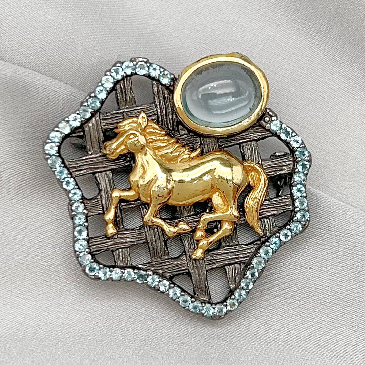 Golden Horse Blue Topaz Statement Pendant