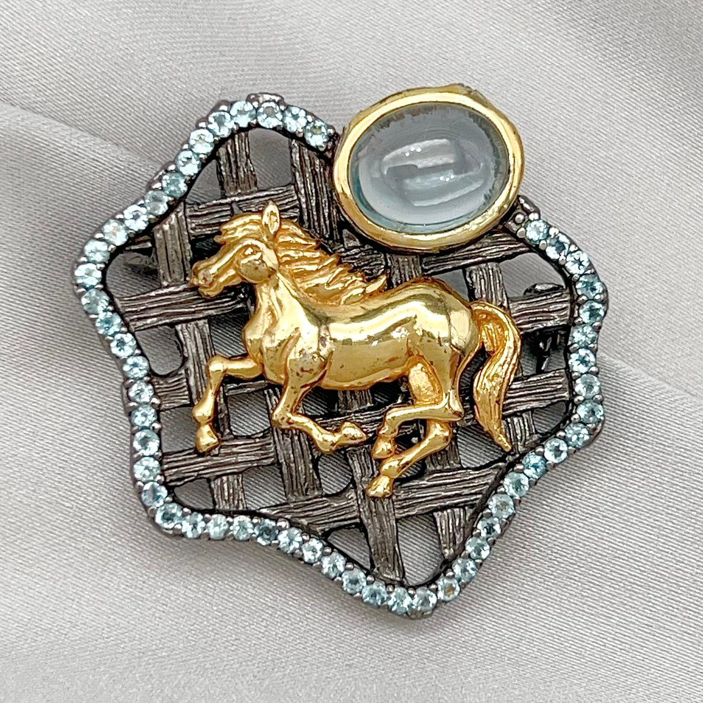 Golden Horse Blue Topaz Statement Pendant