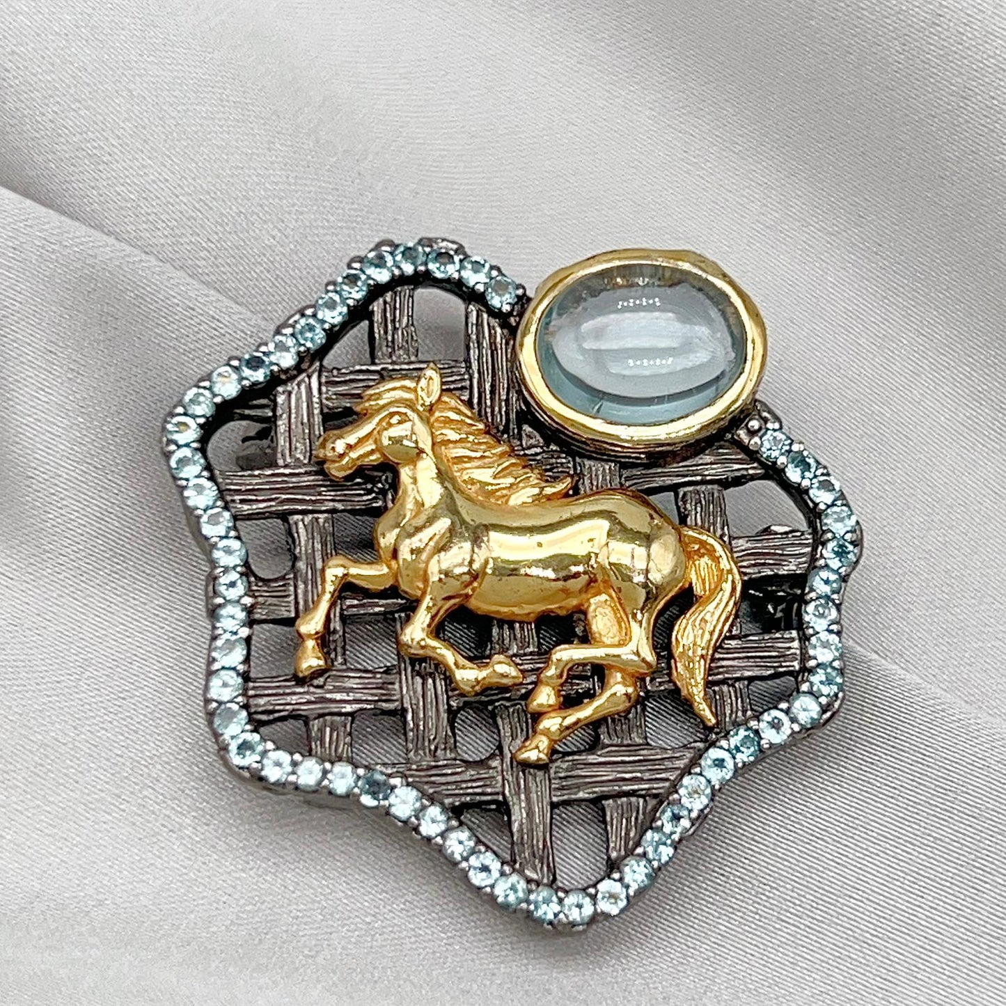 Golden Horse Blue Topaz Statement Pendant