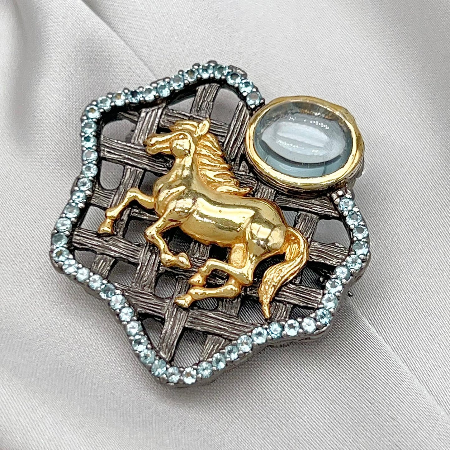 Golden Horse Blue Topaz Statement Pendant