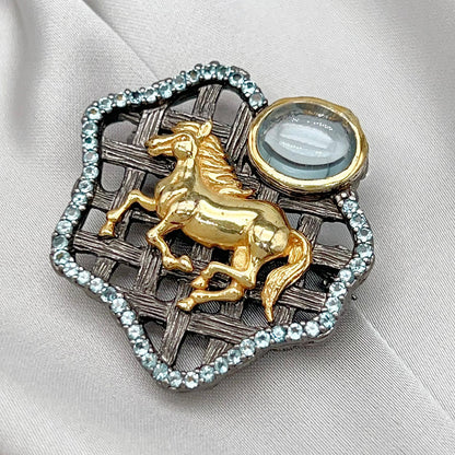 Golden Horse Blue Topaz Statement Pendant