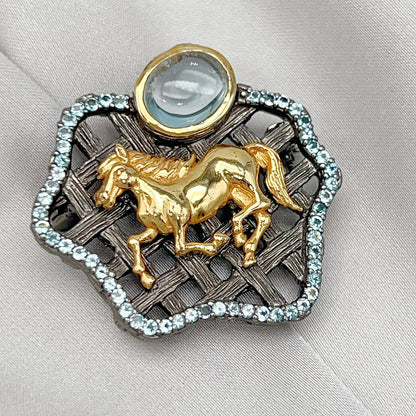 Golden Horse Blue Topaz Statement Pendant