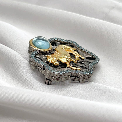Golden Horse Blue Topaz Statement Pendant