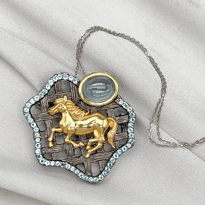 Golden Horse Blue Topaz Statement Pendant