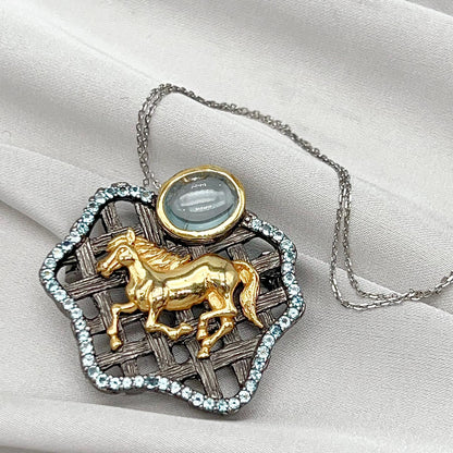 Golden Horse Blue Topaz Statement Pendant