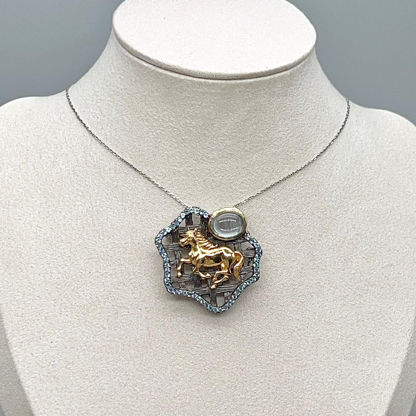 Golden Horse Blue Topaz Statement Pendant