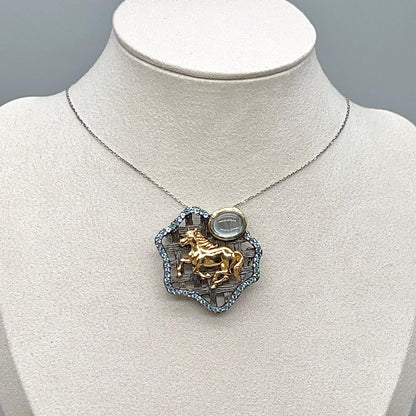 Golden Horse Blue Topaz Statement Pendant