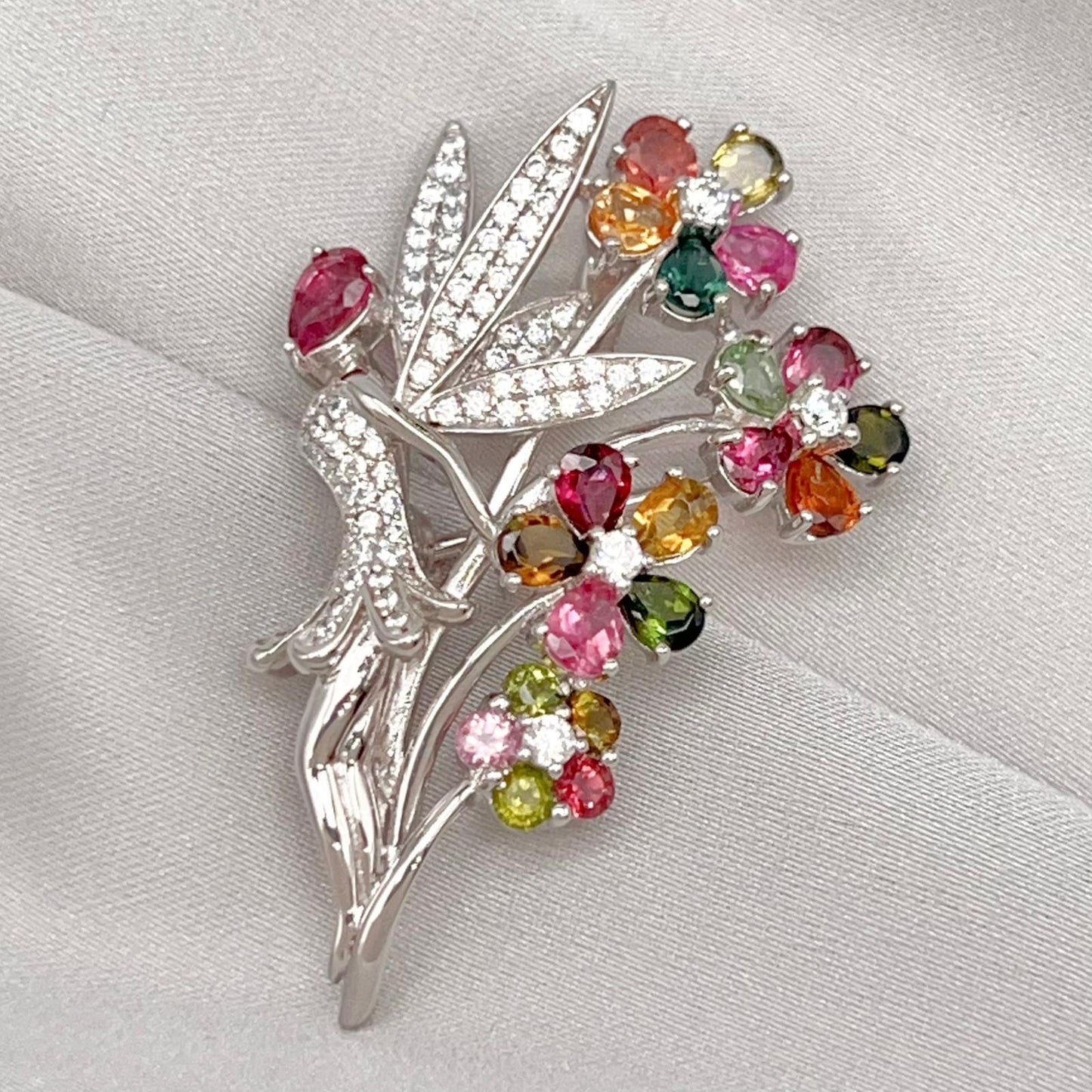 Multi-Color Tourmaline Fairy Brooch Pendant Silver