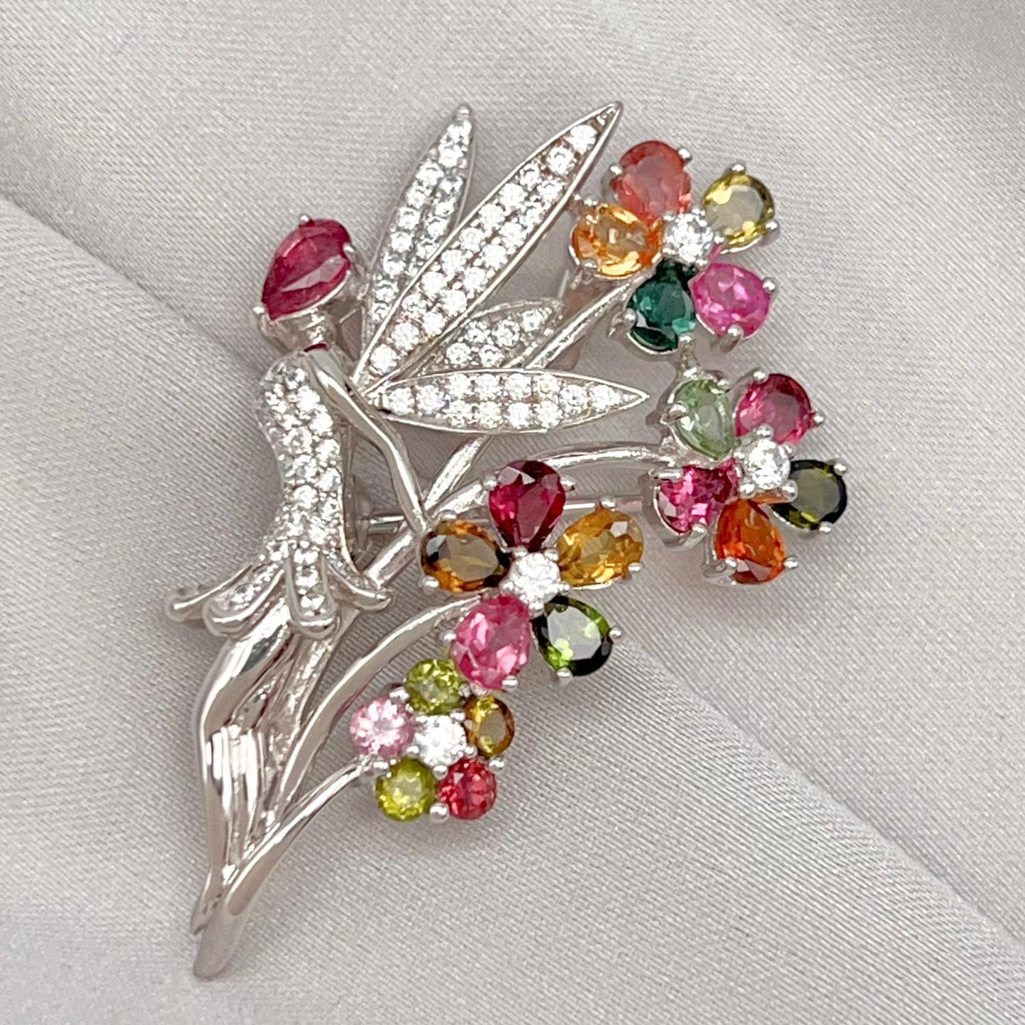 Multi-Color Tourmaline Fairy Brooch Pendant Silver