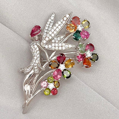 Multi-Color Tourmaline Fairy Brooch Pendant Silver
