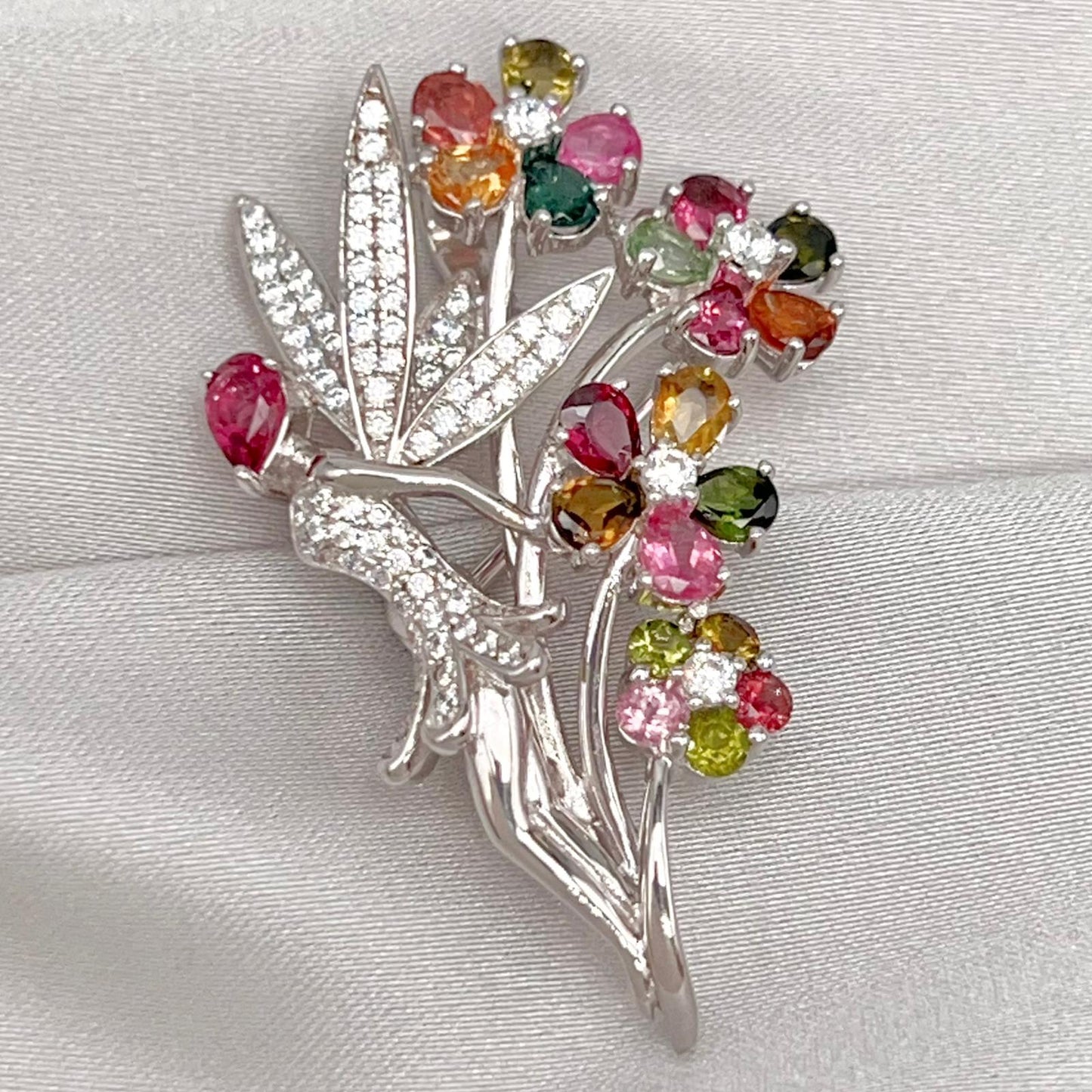 Multi-Color Tourmaline Fairy Brooch Pendant Silver