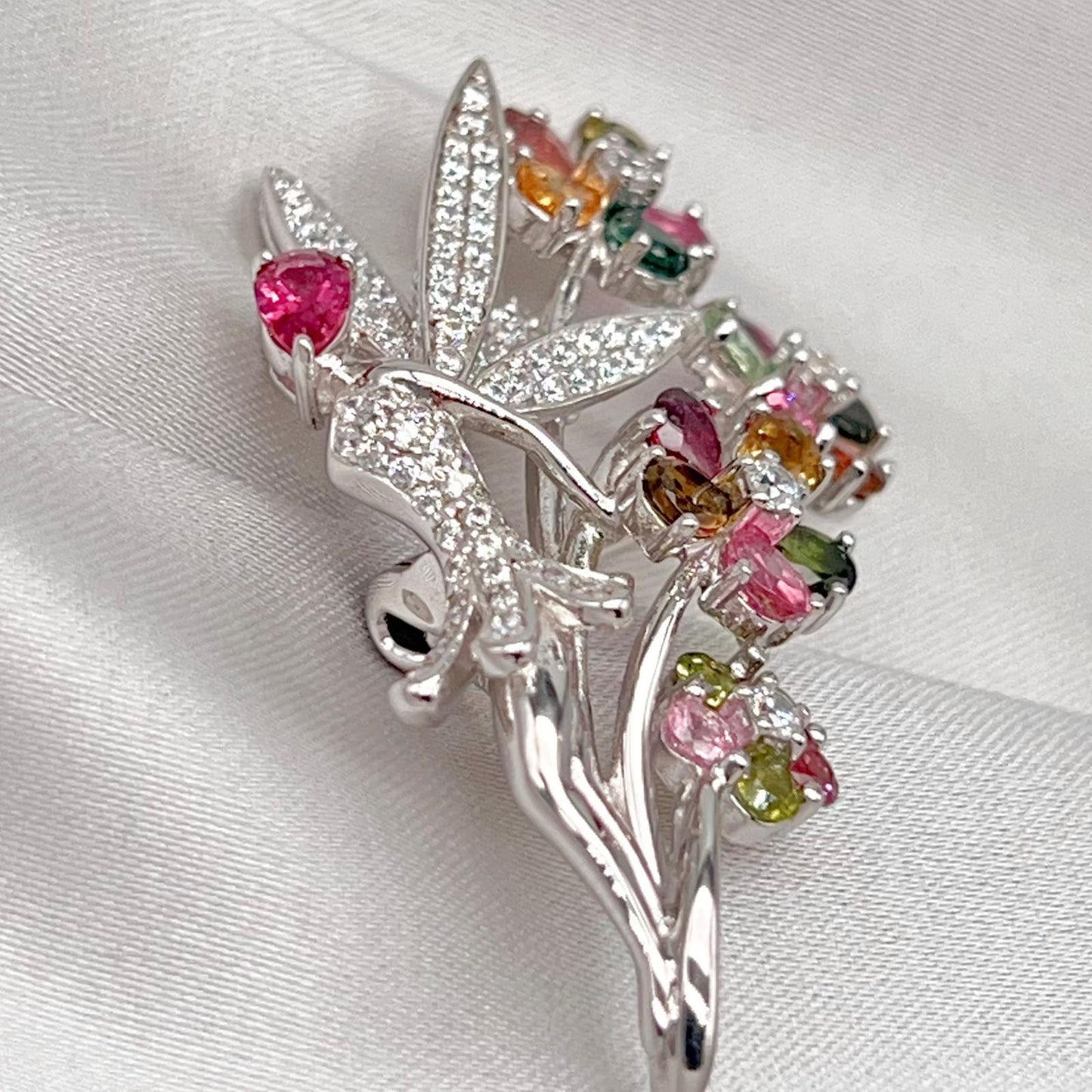 Multi-Color Tourmaline Fairy Brooch Pendant Silver