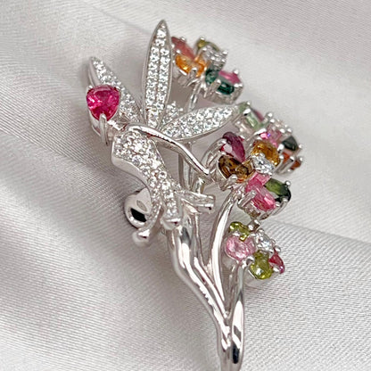 Multi-Color Tourmaline Fairy Brooch Pendant Silver