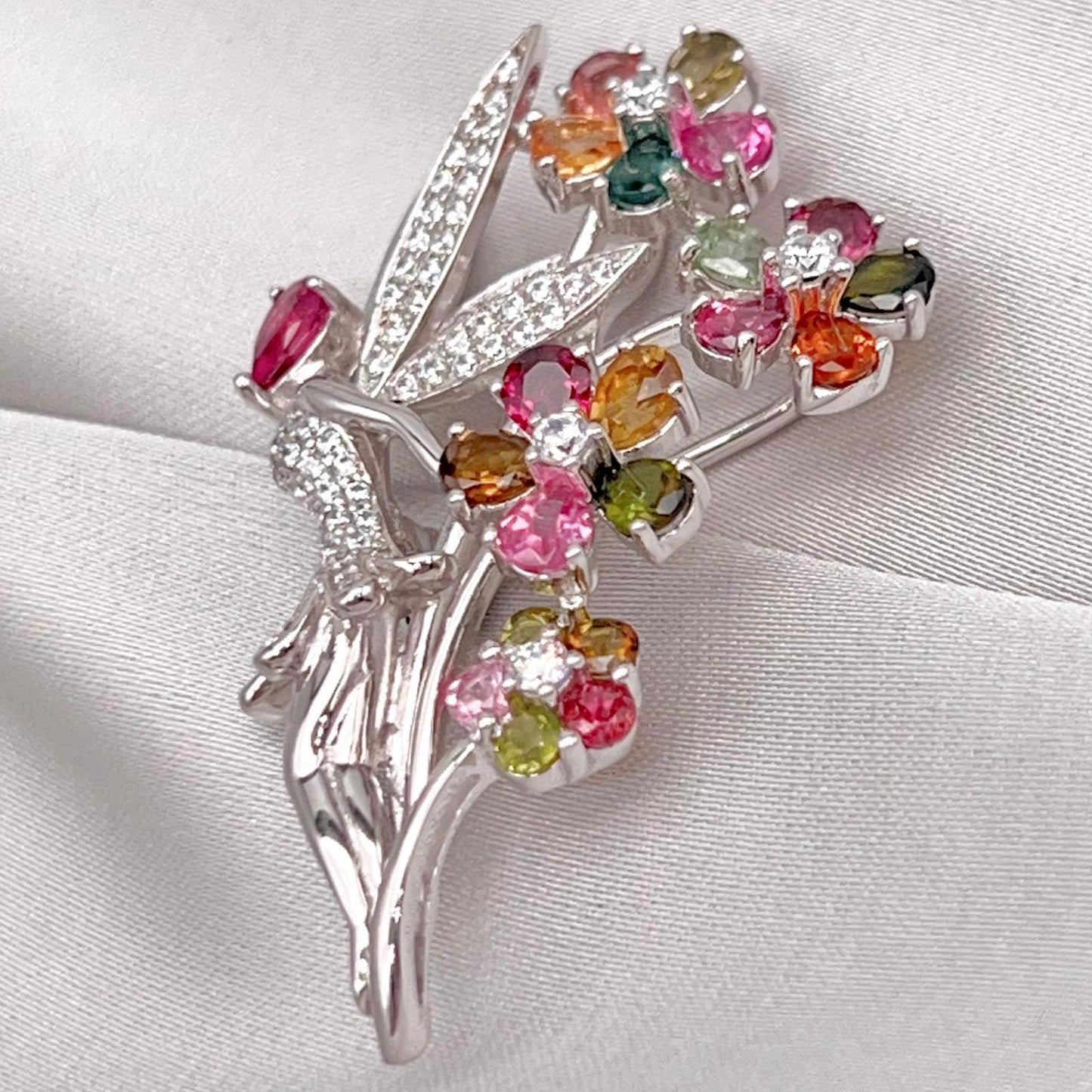Multi-Color Tourmaline Fairy Brooch Pendant Silver