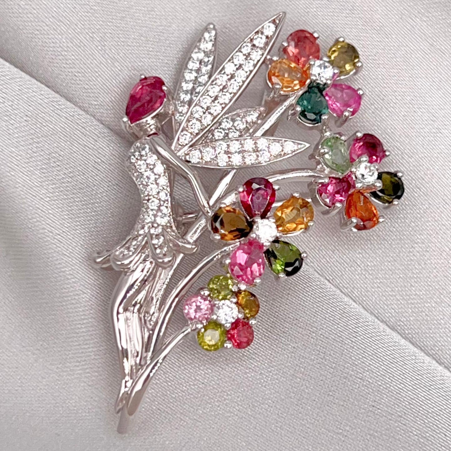 Multi-Color Tourmaline Fairy Brooch Pendant Silver