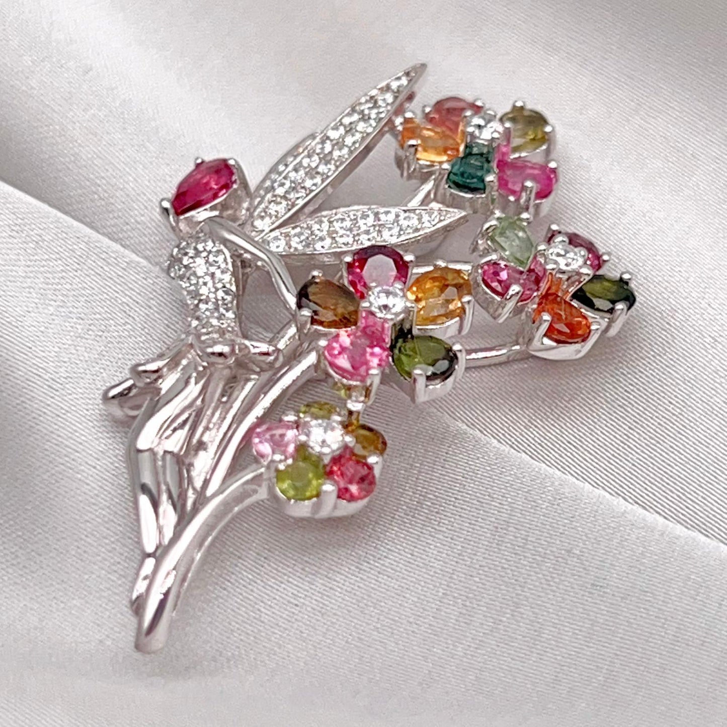 Multi-Color Tourmaline Fairy Brooch Pendant Silver
