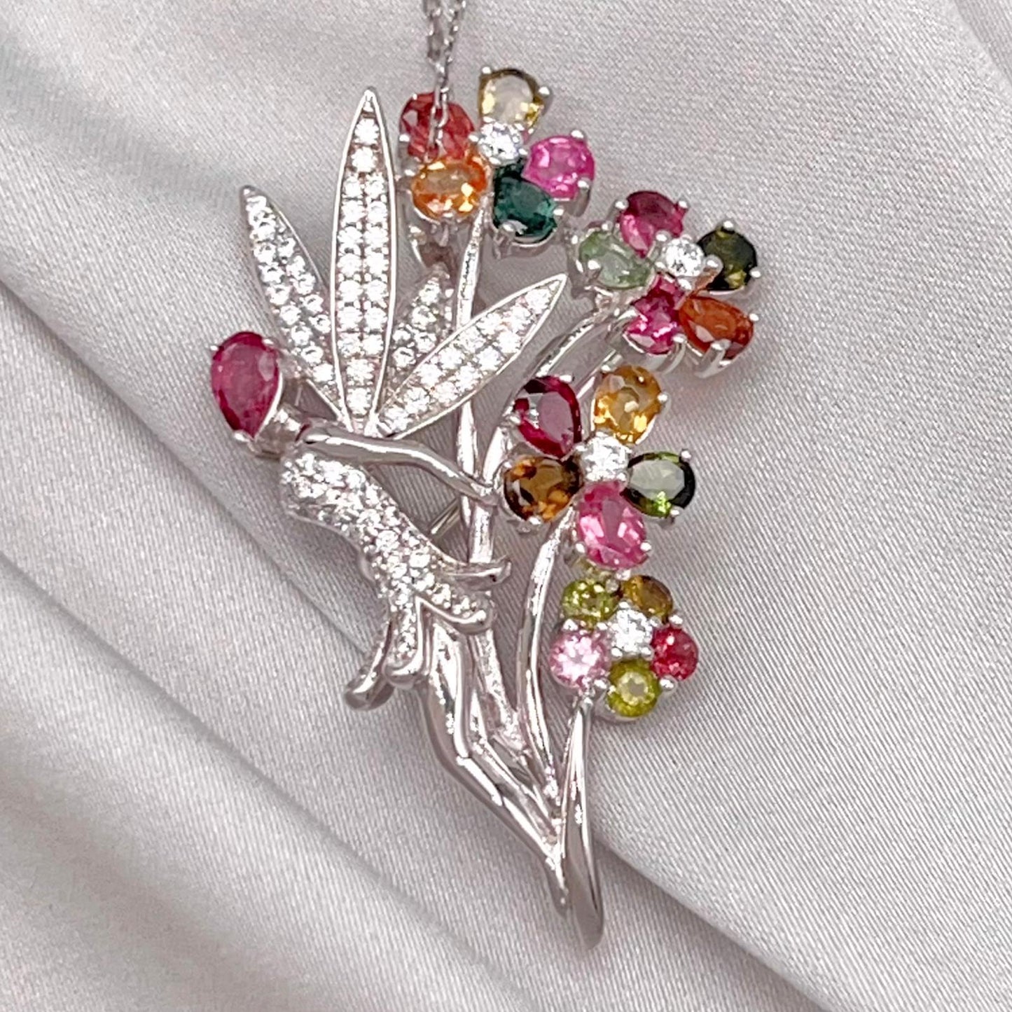 Multi-Color Tourmaline Fairy Brooch Pendant Silver