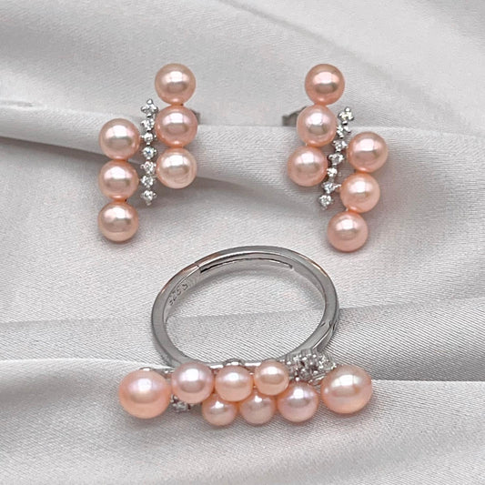 Pink Pearl Linear Cluster Ring & Earring Set Silver 925