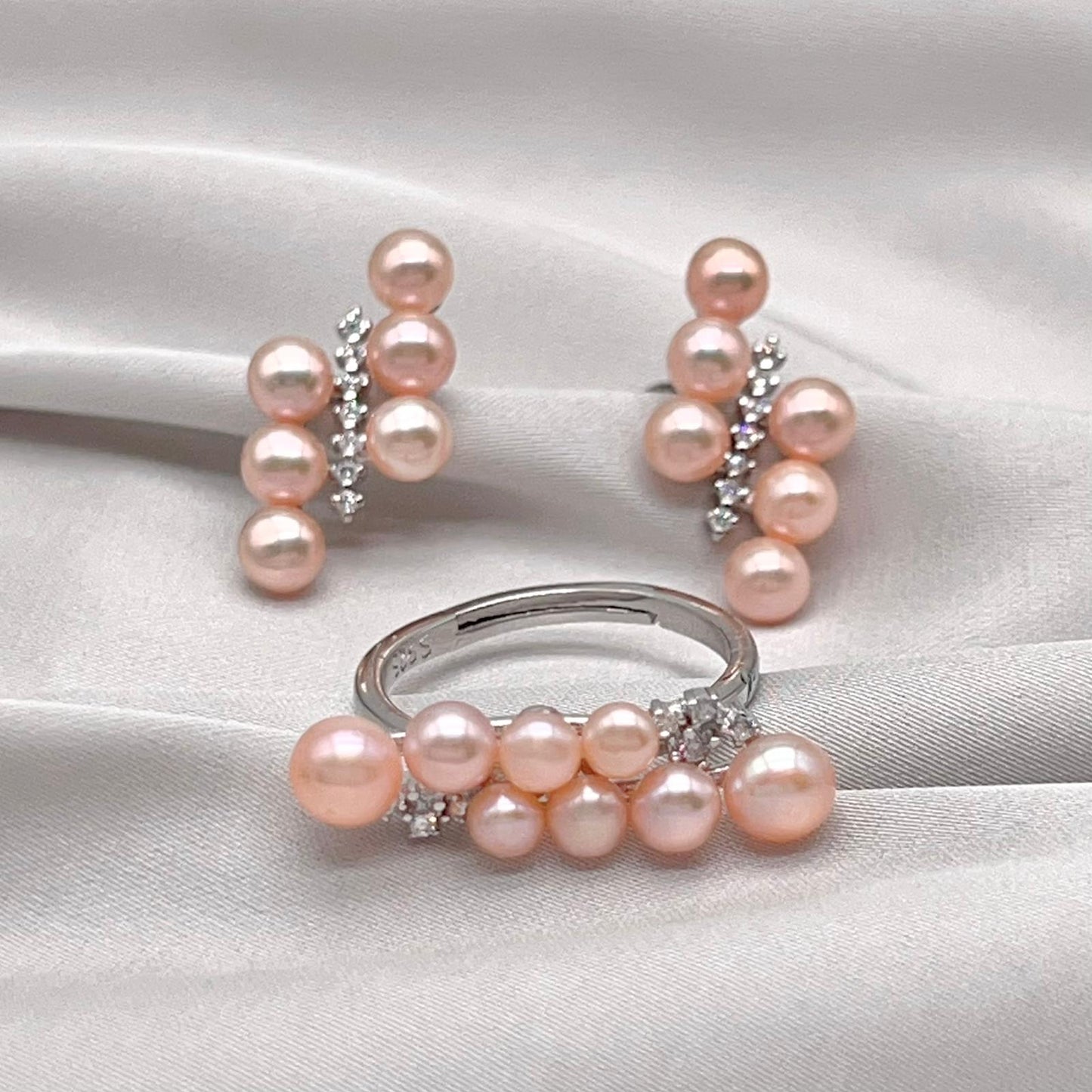 Pink Pearl Linear Cluster Ring & Earring Set Silver 925