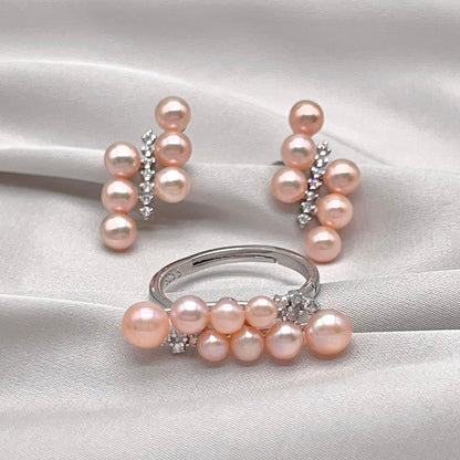 Pink Pearl Linear Cluster Ring & Earring Set Silver 925